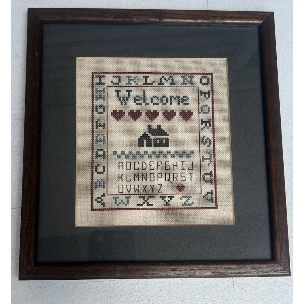 Framed Cross Stitch Welcome Alphabet Sampler 9.25
